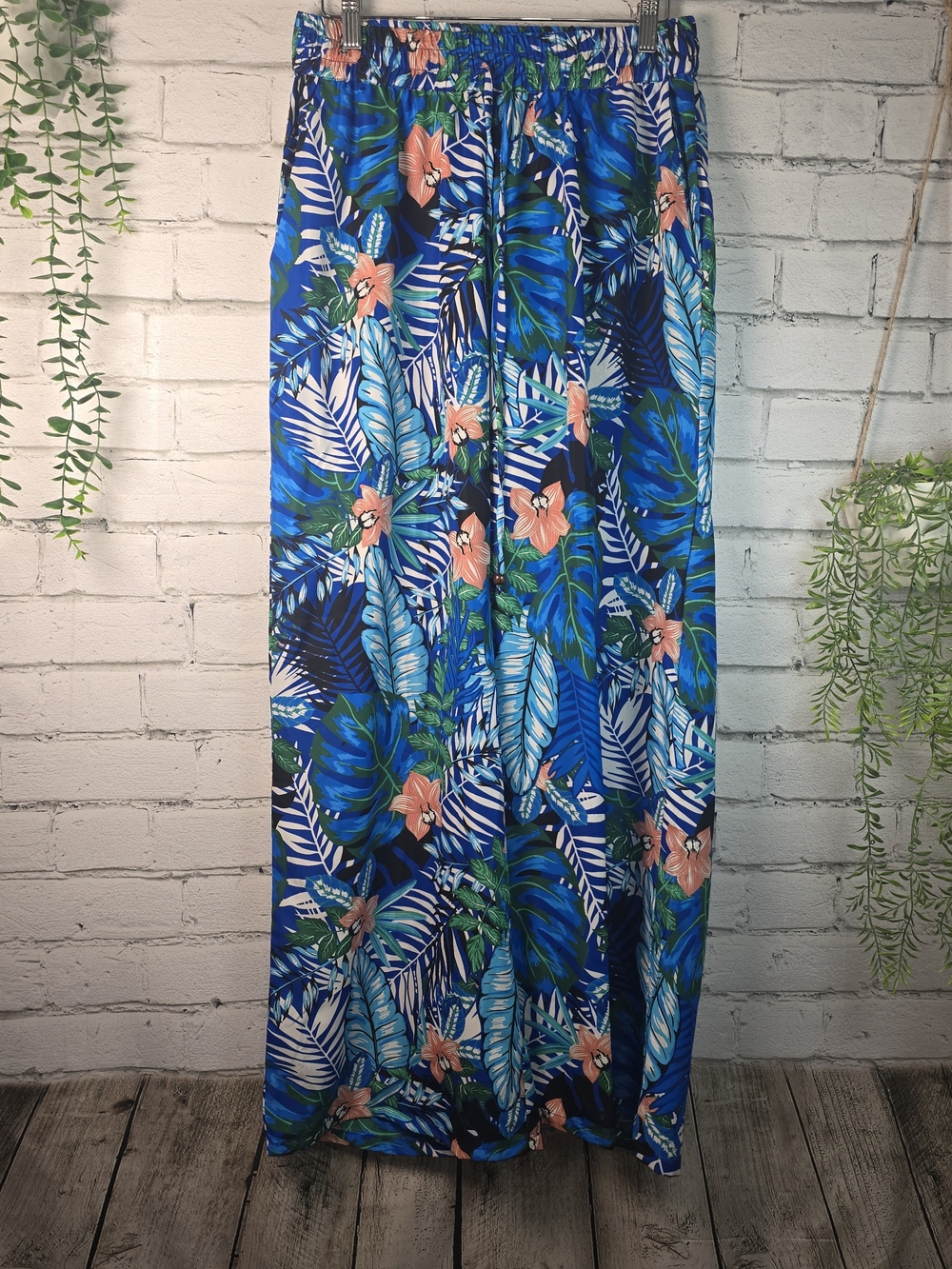 MISS INNOCENT TROPICAL WIDE LEG PLAZZO PANTS BLUE FLOWY RESORTWEAR NWT XL